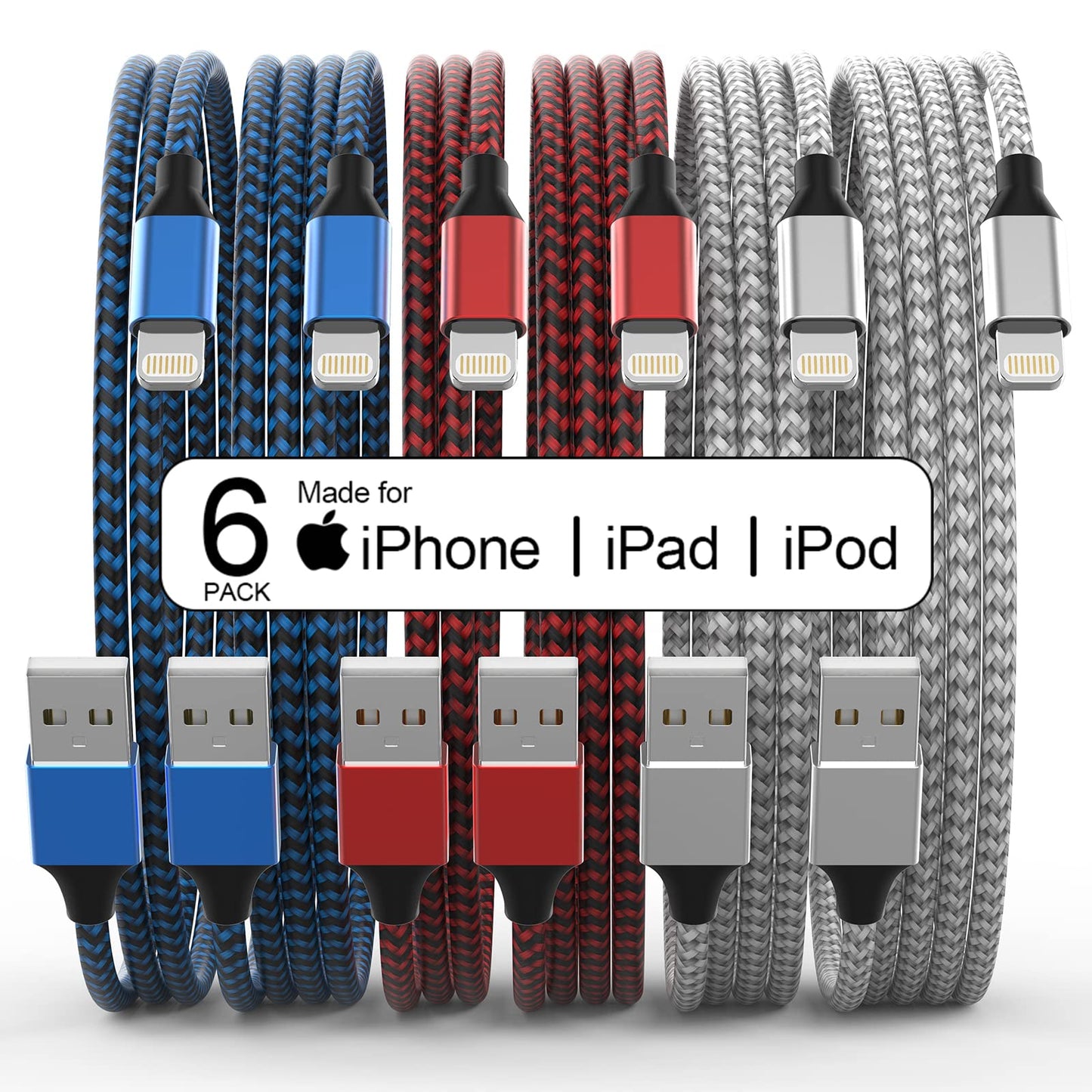 [Apple MFi ] 6Pack 3/3/6/6/6/10 FT iPhone Charger Nylon Braided Fast Charging Lightning Cable Compatible iPhone 14/13 mini/13/12/11 Pro MAX/XR/XS/8/7/Plus/6S/SE/iPad