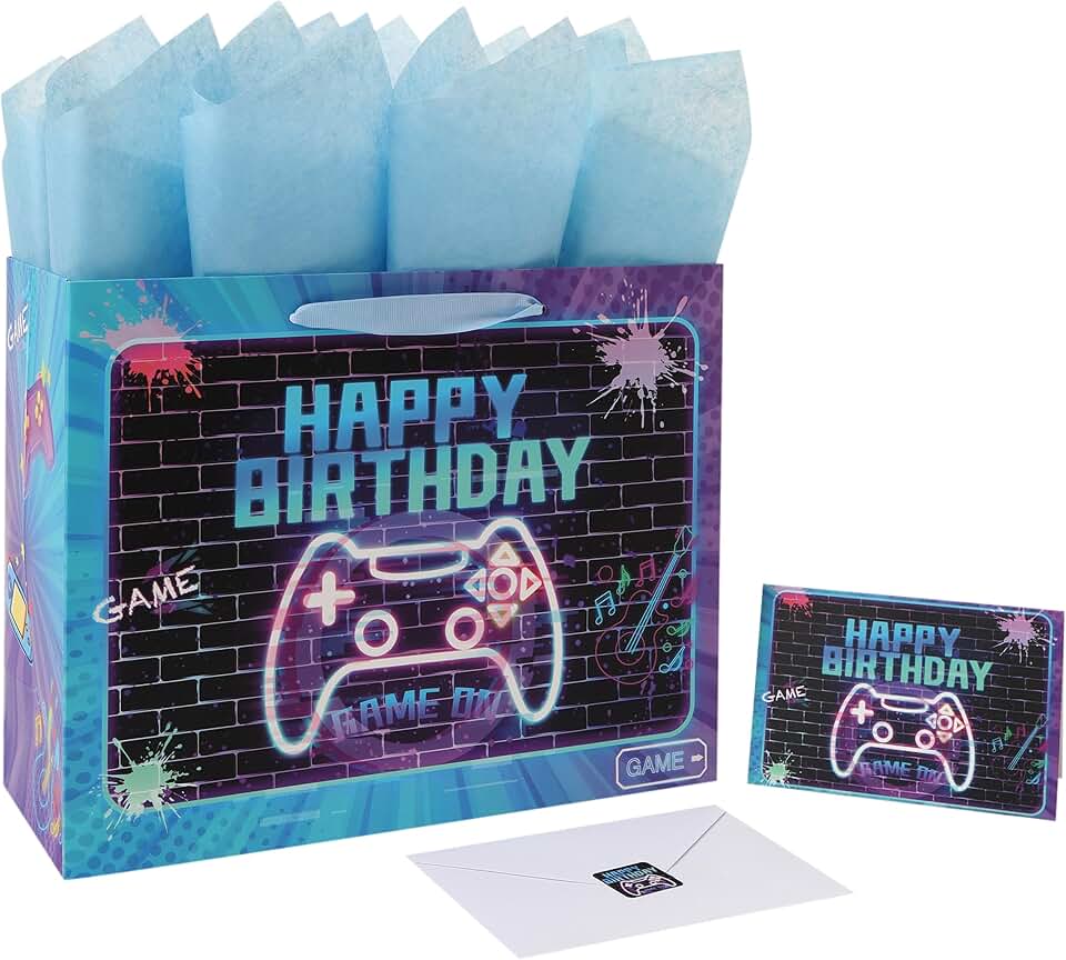 Large Gamer-Themed Birthday Gift Bag with Handles