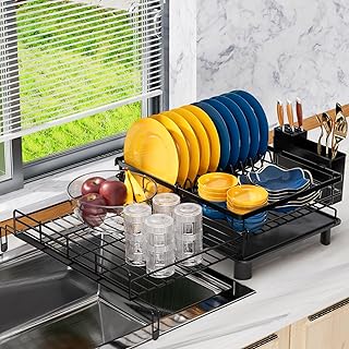 Expandable stainless steel dish drying rack with utensil holder