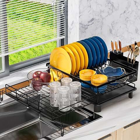 Expandable stainless steel dish drying rack with utensil holder