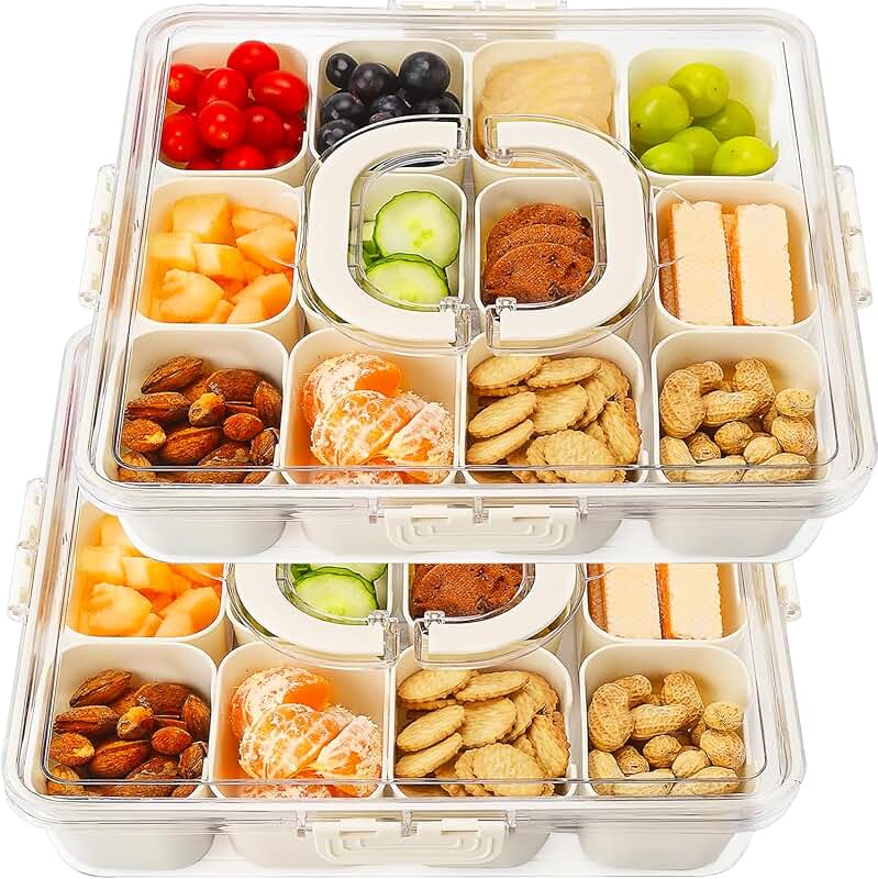 Two 12-Compartment Serving Trays with Lids and Handles