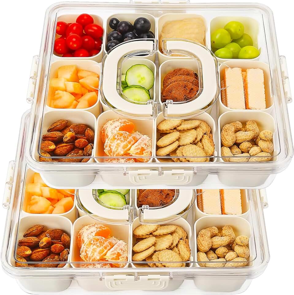 Two 12-Compartment Serving Trays with Lids and Handles