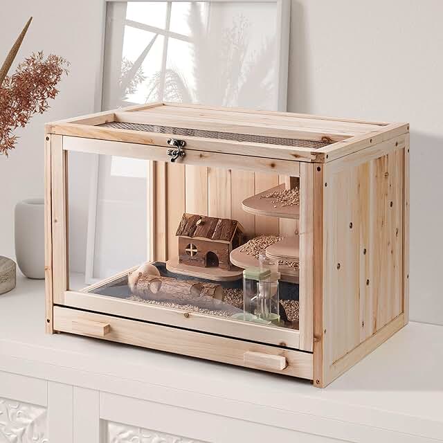 Wooden Hamster Cage with Ladder and Transparent Sides