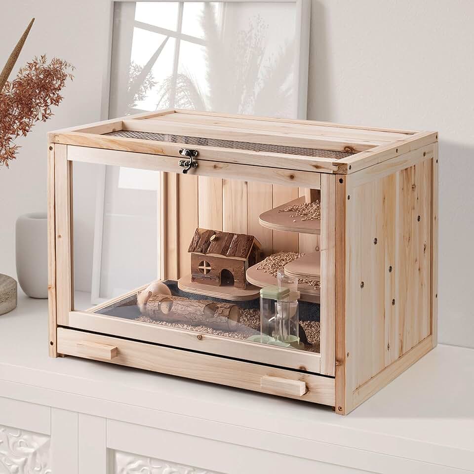 Wooden Hamster Cage with Ladder and Transparent Sides