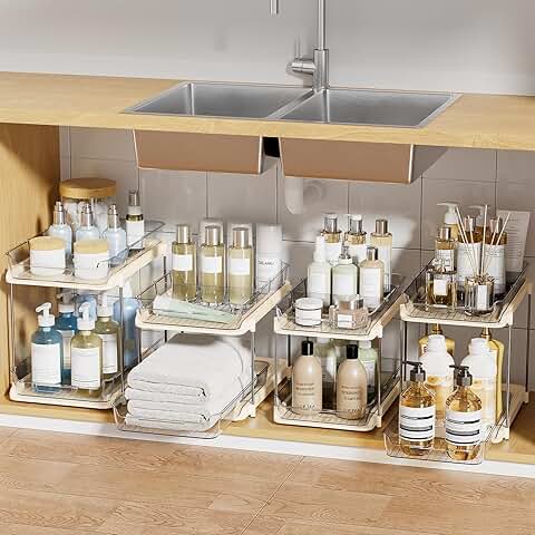 Two-Tier Multi-Purpose Under Sink and Pantry Organizer, Beige, 4 Pack