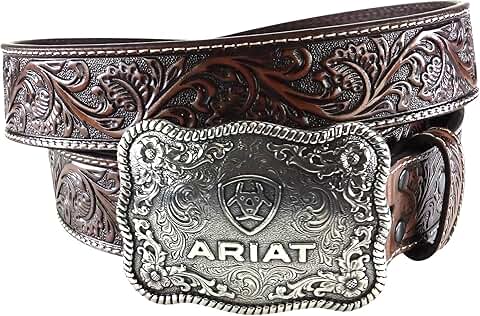 Men's Floral Leather Belt with Silver Buckle