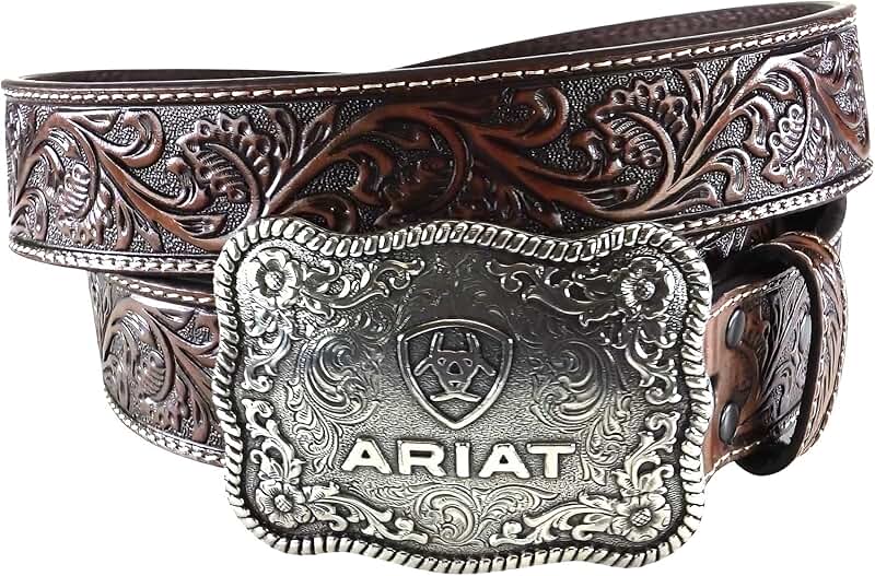 Men's Floral Leather Belt with Silver Buckle