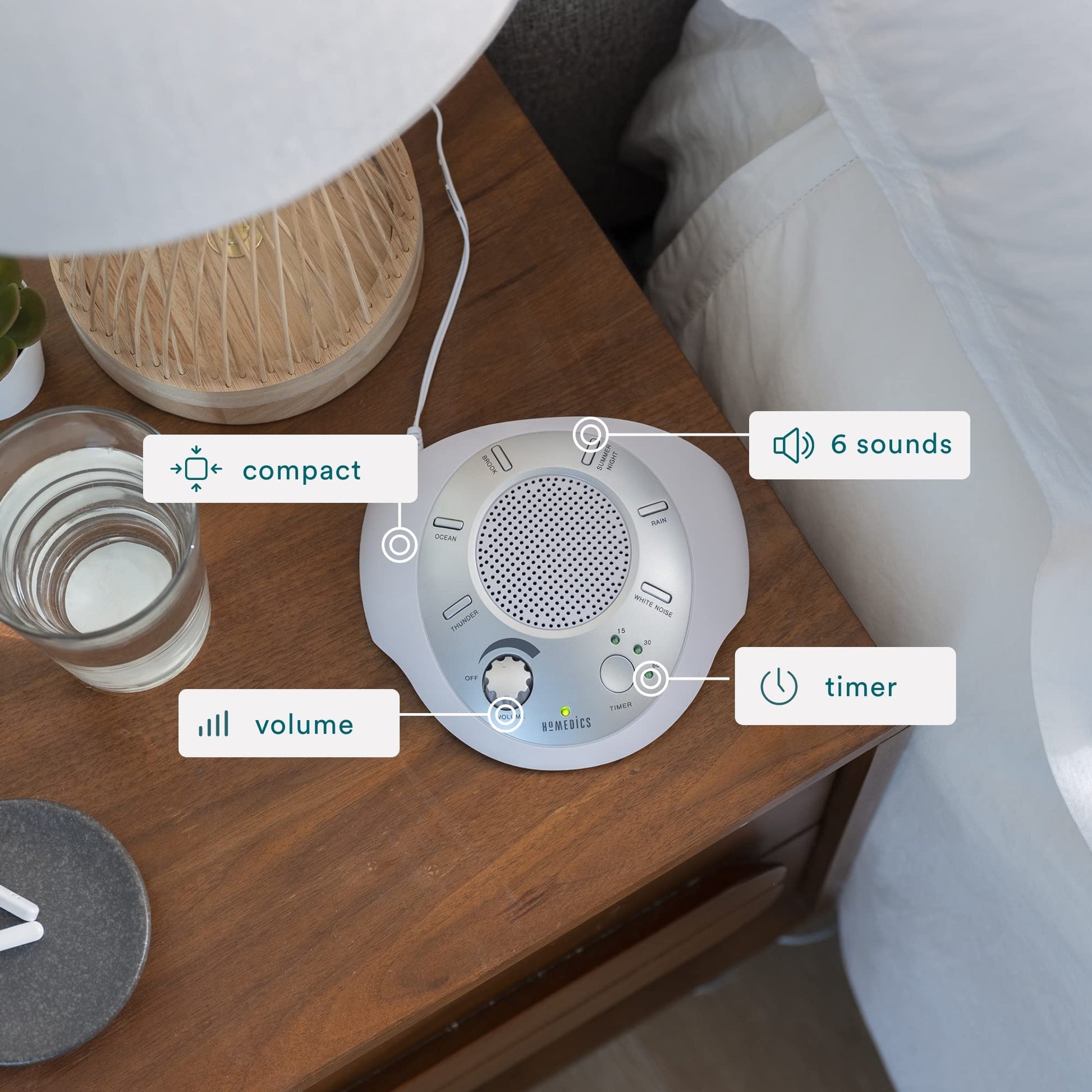 SoundSleep White Noise Sound Machine, Silver, Small Travel Sound Machine with 6 Relaxing Nature Sounds, Portable Sound Therapy for Home, Office, Nursery, Auto-Off Timer, By