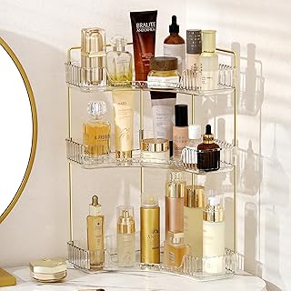 Three-tier corner bathroom countertop organizer in white