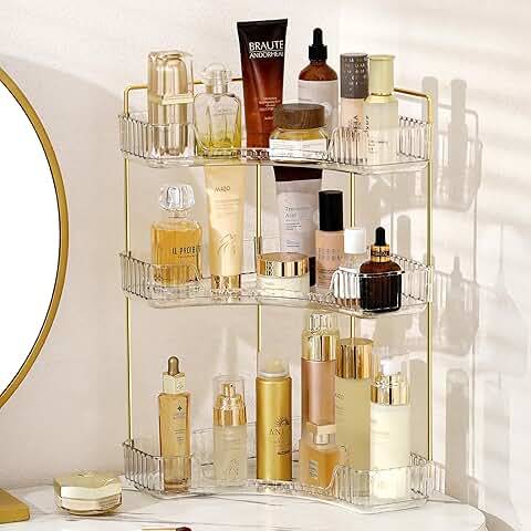 Three-tier corner bathroom countertop organizer in white