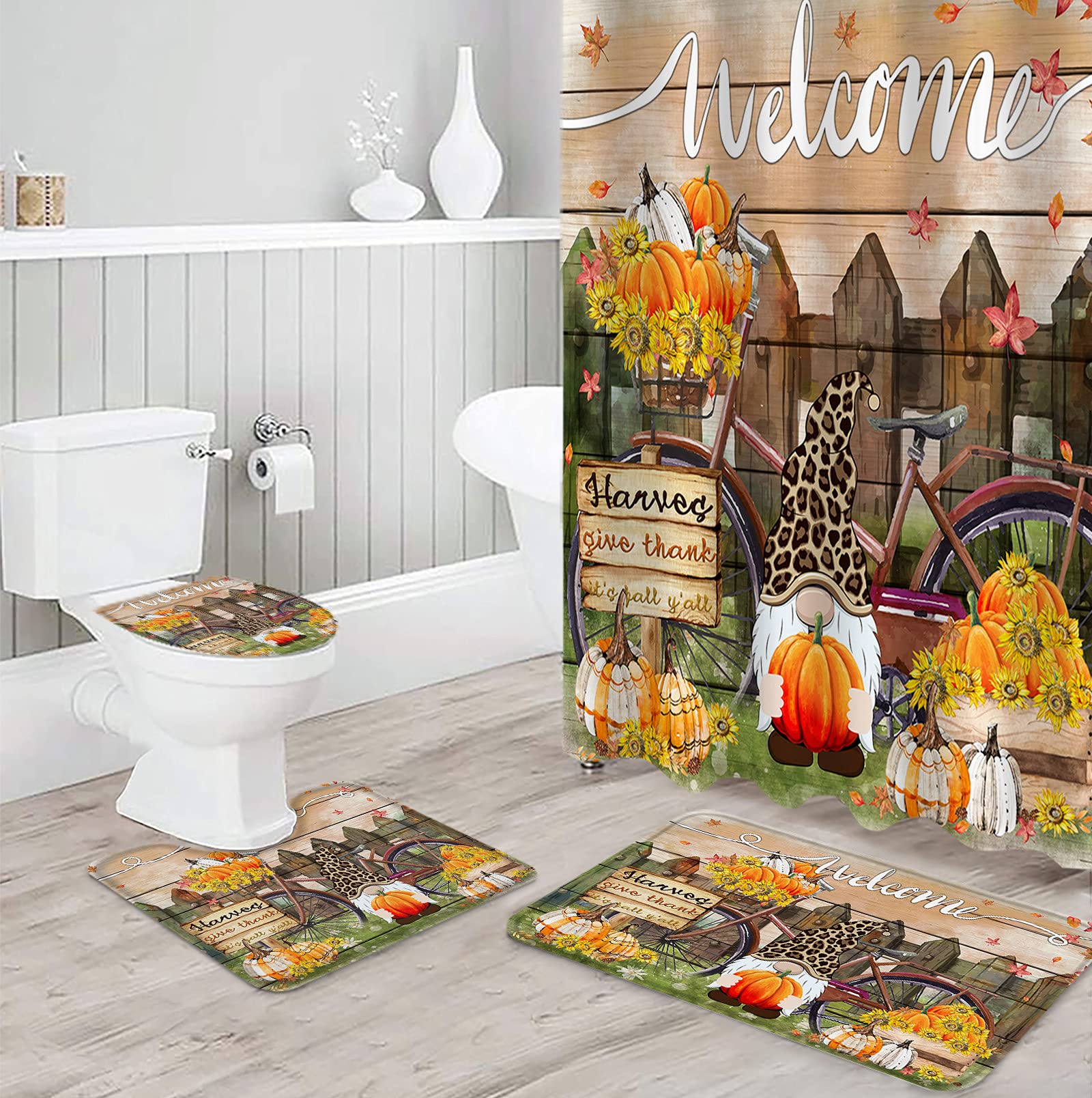 Thanksgiving Dwarfs Fall Harvest Pumpkin Shower Curtain Set 4 Pieces, Tet Lid Covers, Non- Floor Doormat Bath Rug, U-Shaped Carpat, Autumn Farm Fence Bathroom Accessories