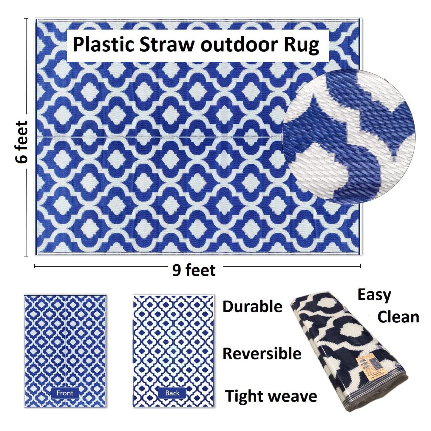 Recycled Outdoor Plastic Patio Rugs Clearance Waterproof RV Camper Rug Large Reversible mats 6'x9' Blue  White 20317