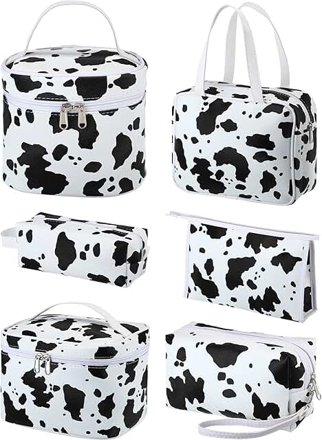 Set of 6 Cow Print Travel Makeup Bags with Zippers