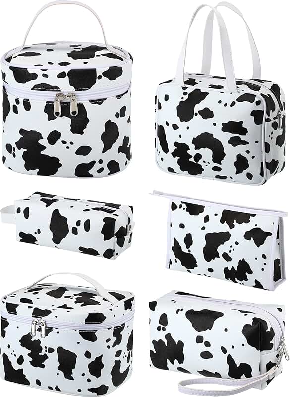 Set of 6 Cow Print Travel Makeup Bags with Zippers