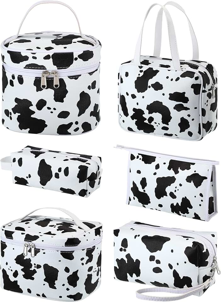 Set of 6 Cow Print Travel Makeup Bags with Zippers
