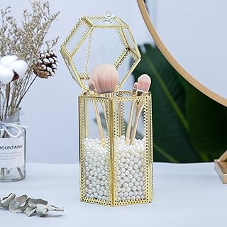 Vintage Hexagonal Glass Makeup Brush Holder with Lid and Pearls