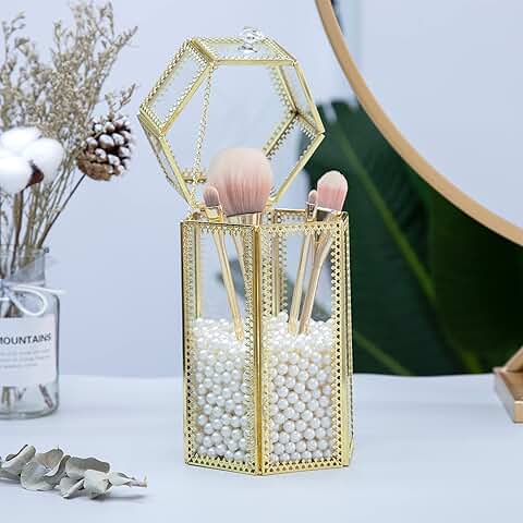 Vintage Hexagonal Glass Makeup Brush Holder with Lid and Pearls
