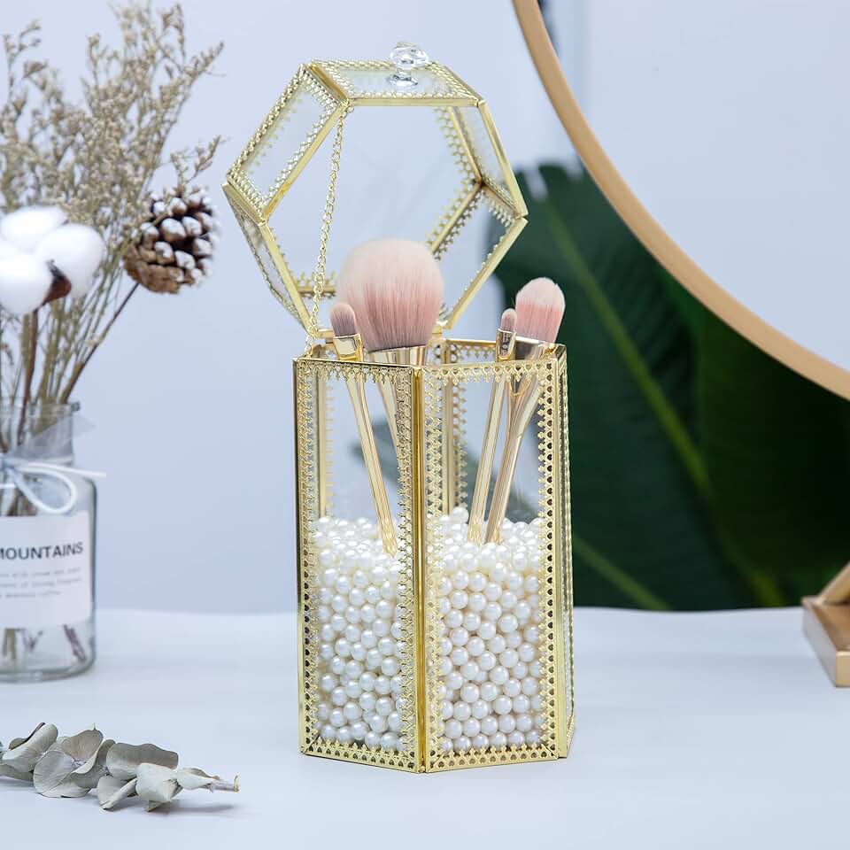 Vintage Hexagonal Glass Makeup Brush Holder with Lid and Pearls