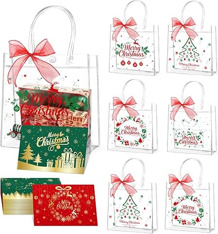 24 Clear Christmas Gift Bags with Handles and Ribbon