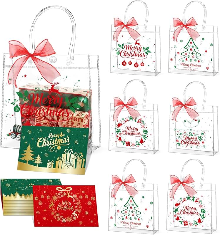 24 Clear Christmas Gift Bags with Handles and Ribbon