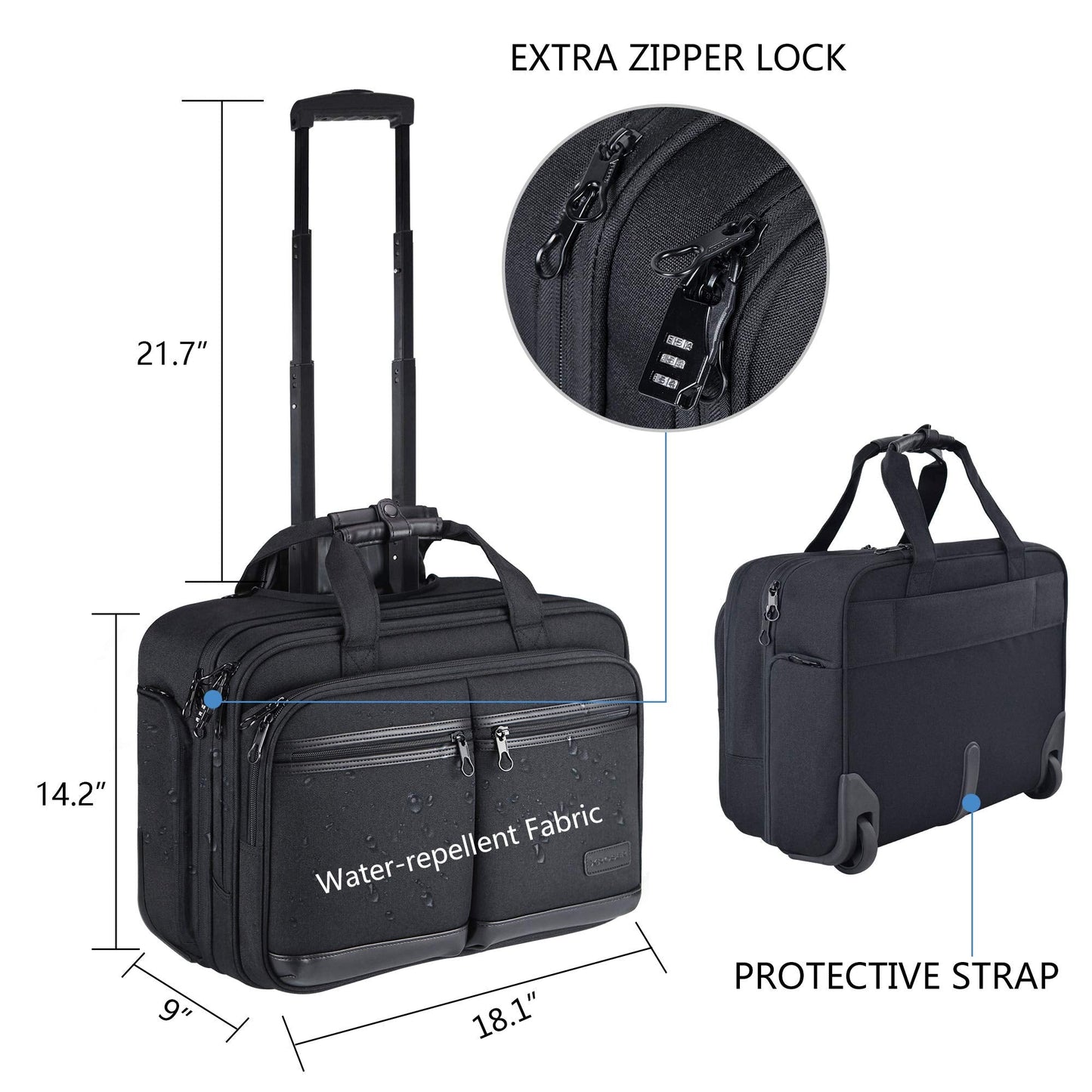 Rolling Laptop Bag Premium Rolling Briefcase Fits Up to 17.3 Inch Laptop Water-Repellent Overnight Rolling Computer Bag with RFID Pockets for Travel/Business/School/Men/Women-Black