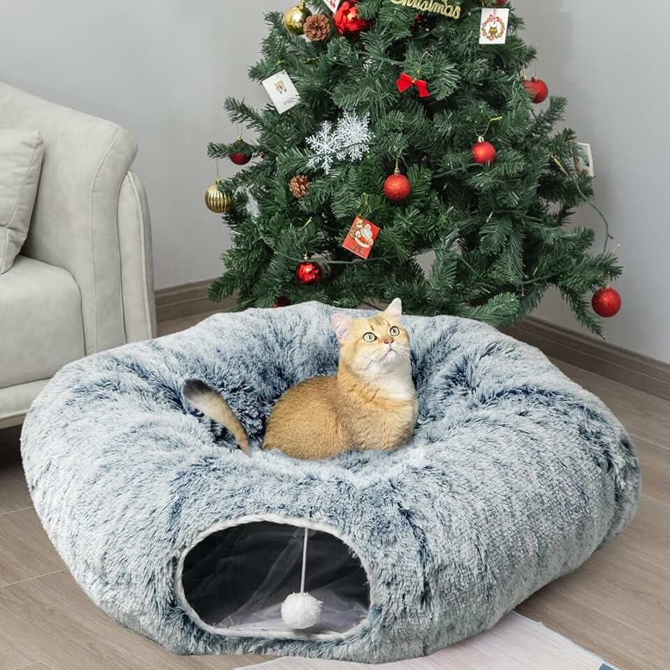 Cat Tunnel Bed with Plush Cushion for Indoor Cats