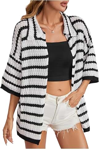 Women's Summer Crochet Striped Half Sleeve Cardigan