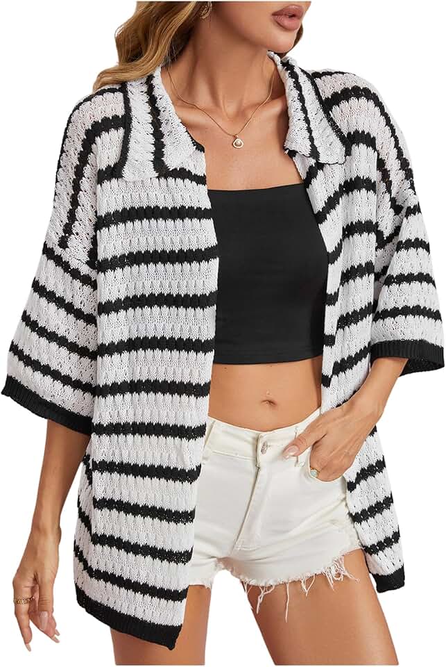 Women's Summer Crochet Striped Half Sleeve Cardigan