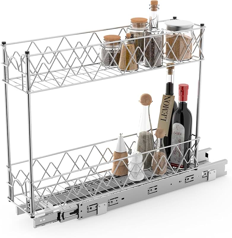 Narrow 2-Tier Pull Out Cabinet Shelf, Chrome