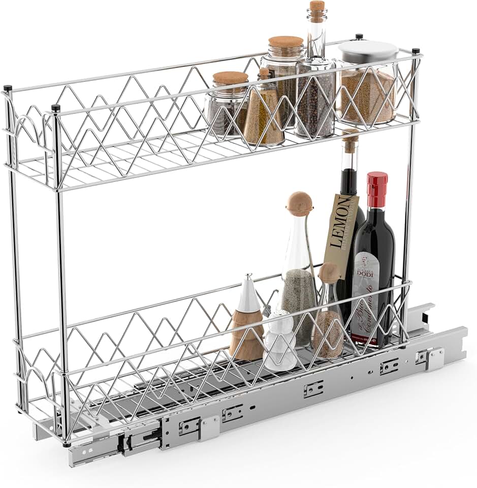 Narrow 2-Tier Pull Out Cabinet Shelf, Chrome