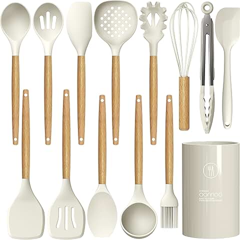 Silicone Cooking Utensil Set with Wooden Handles