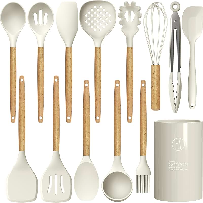 Silicone Cooking Utensil Set with Wooden Handles