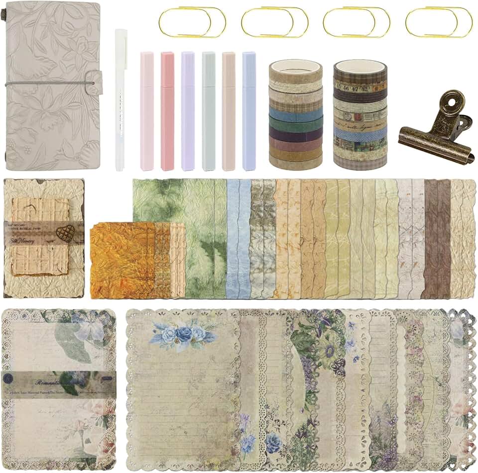 Vintage Scrapbook Kit with Leather Journal and Supplies