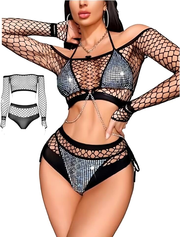 Women’s Fishnet Lingerie Set with Mesh Dress and Lace Teddy