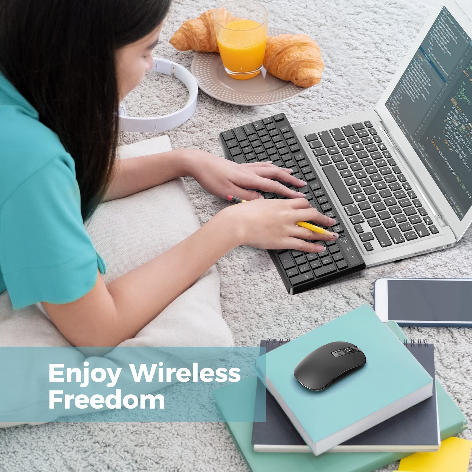 Wireless Keyboard and Mouse Combo, 2.4G Full-Sized Ergonomic Keyboard Mouse, 3 DPI Adjustable Cordless USB Keyboard and Mouse, Quite Click for Computer/Laptop/Windows/Mac