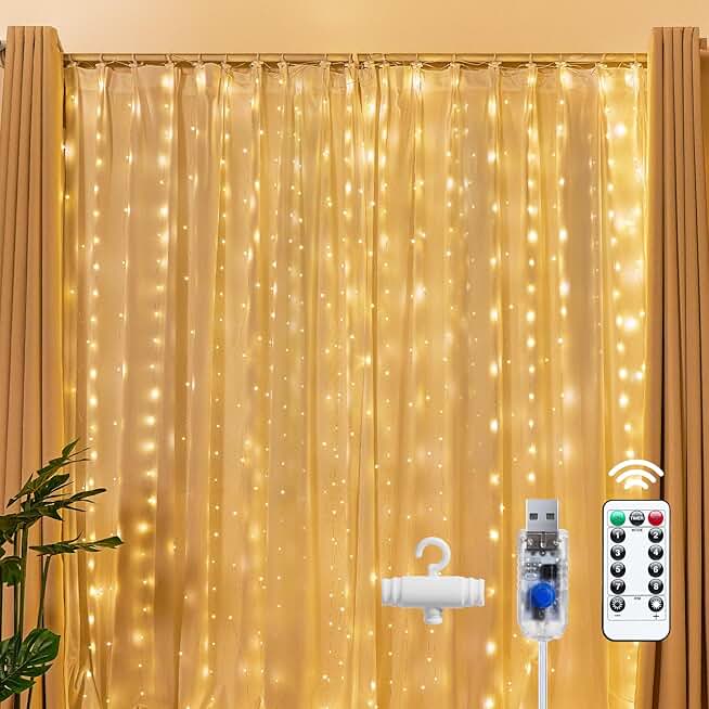 Warm White 300 LED Curtain Lights with Remote