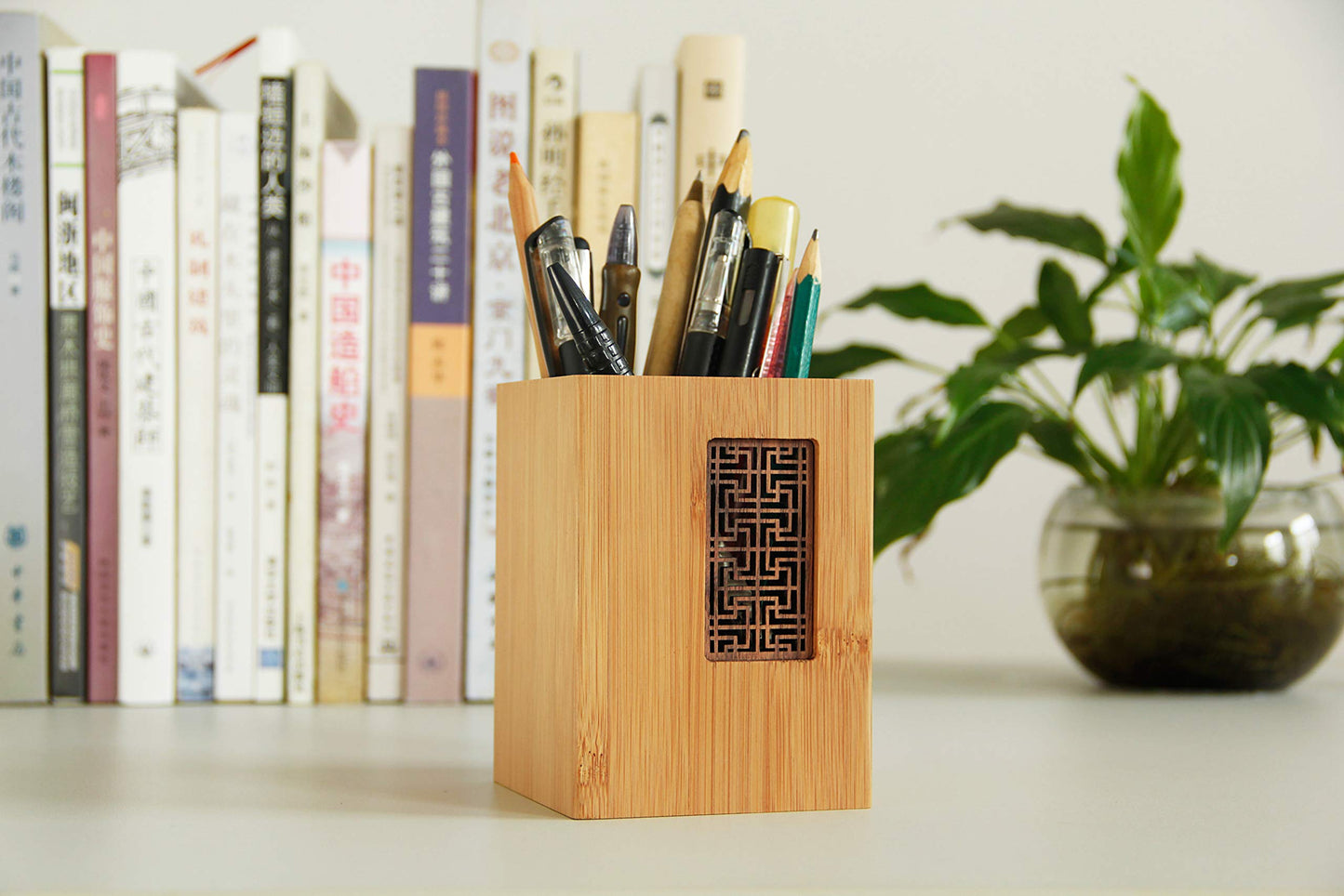 Garden Style Bamboo Wood Desk Pen Holder