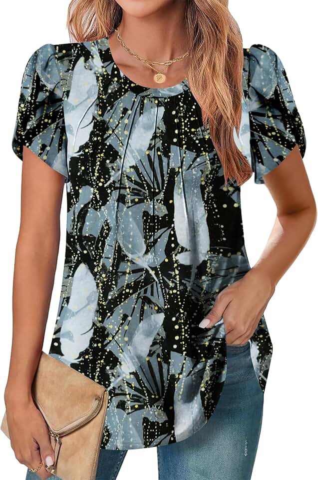 Women's Short Sleeve Boho Floral Printed Crew Neck Tops