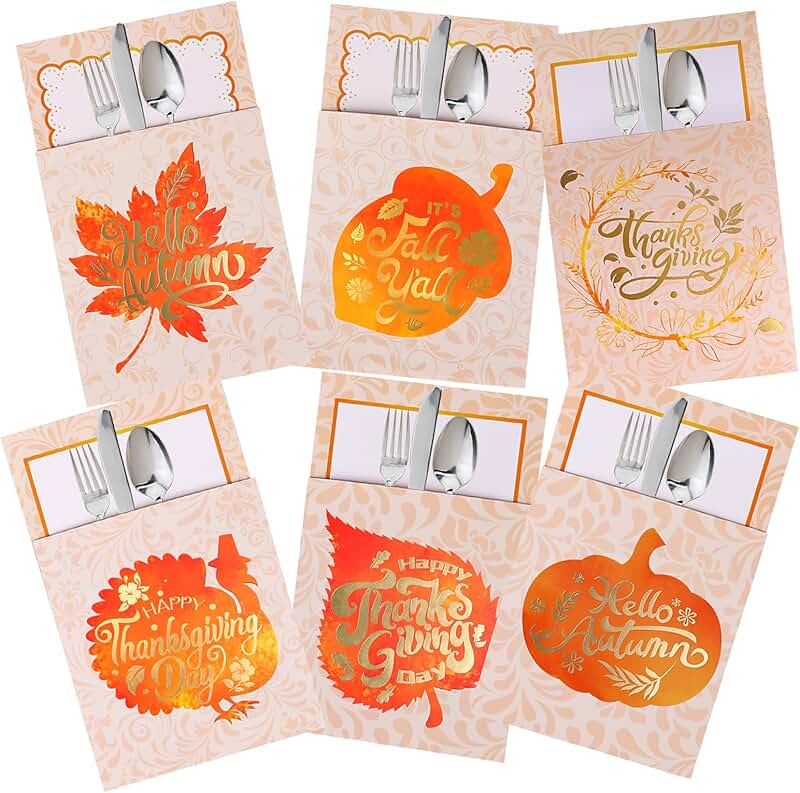 Thanksgiving Cutlery Holders, 24 Pack Pumpkin and Turkey