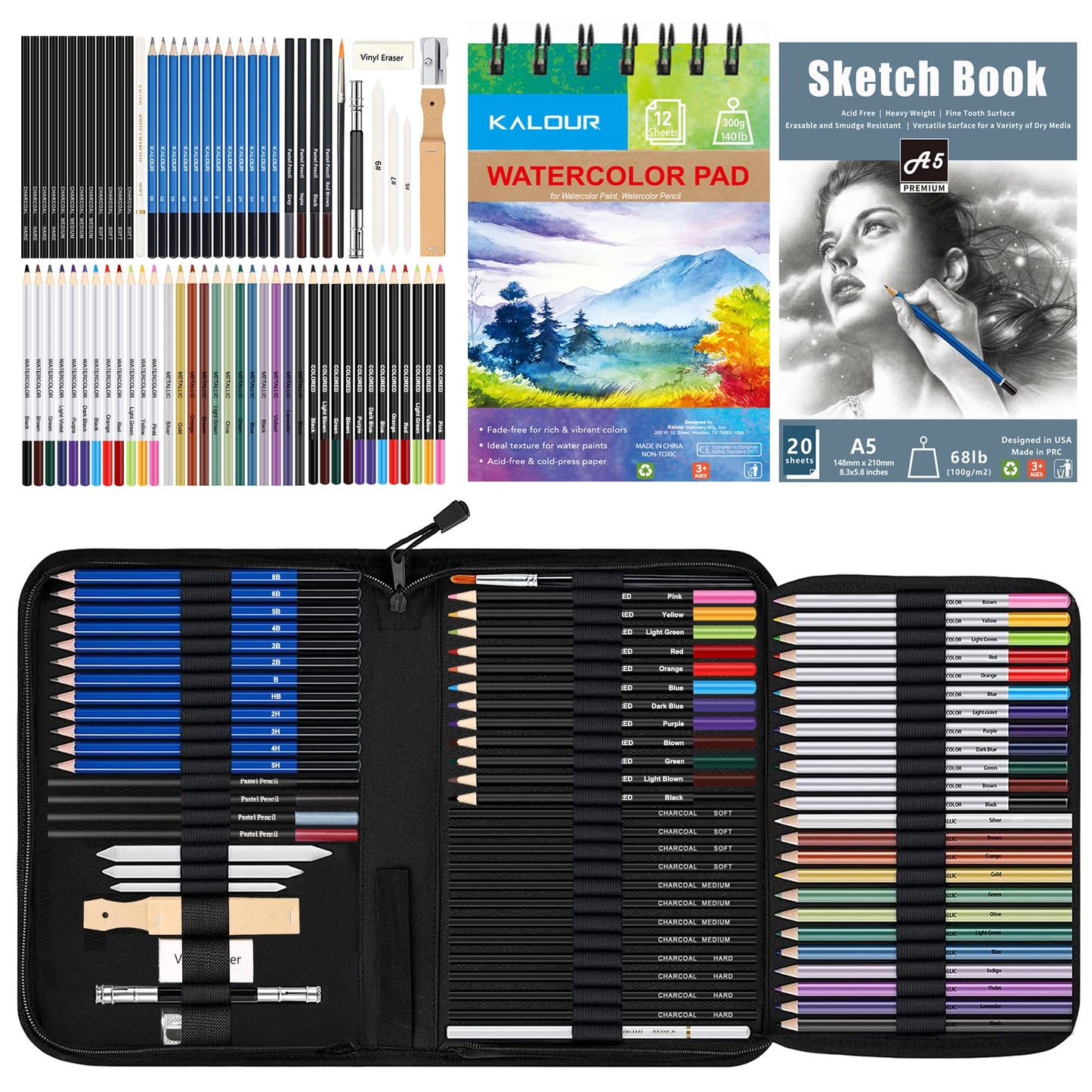 76-Piece Drawing Sketching Kit Set with Sketchbook and Watercolor Paper