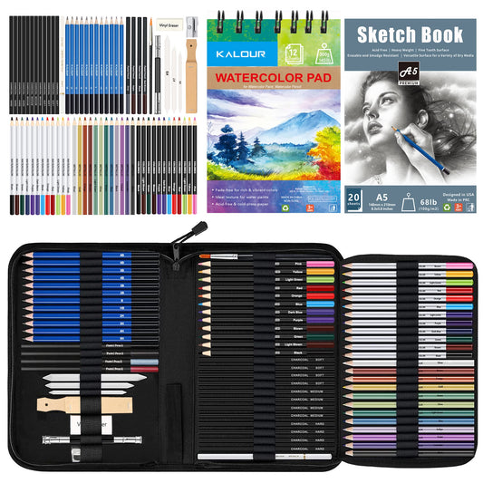 76-Piece Drawing Sketching Kit Set with Sketchbook and Watercolor Paper