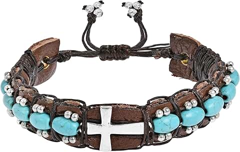 Handmade Leather Cross Bracelet with Turquoise and Beads