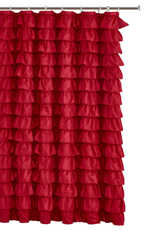Waterfall Ruffled Fabric Shower Curtain RED)