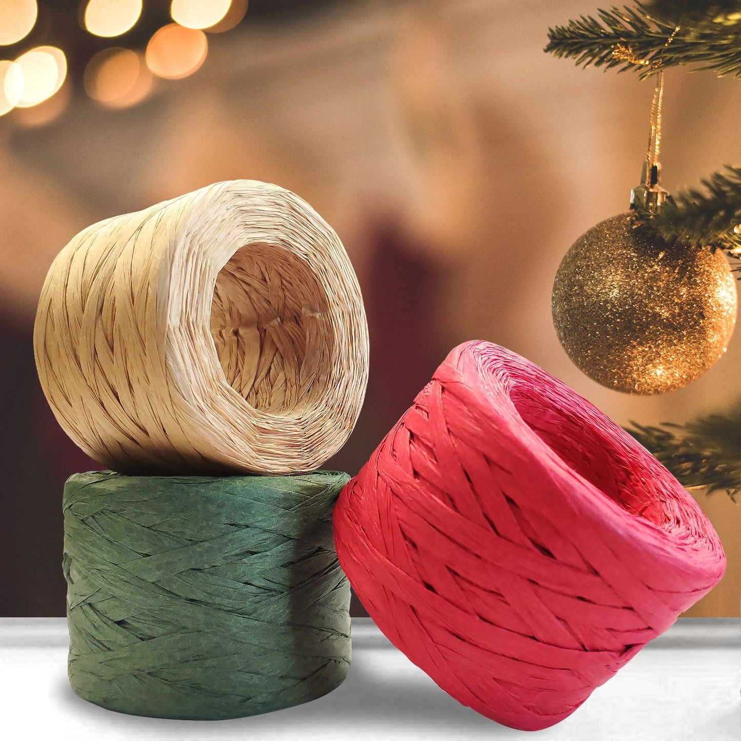 Eco-Friendly Raffia Ribbon Set 3 Rolls Red Green 1/4" x 492ft