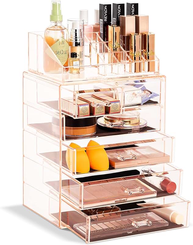 Clear makeup and jewelry organizer with 4 large and 2 small drawers