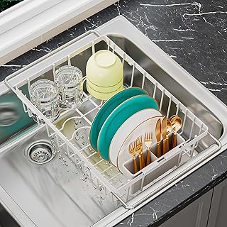 Small expandable sink dish drying rack with drain board and utensil holder