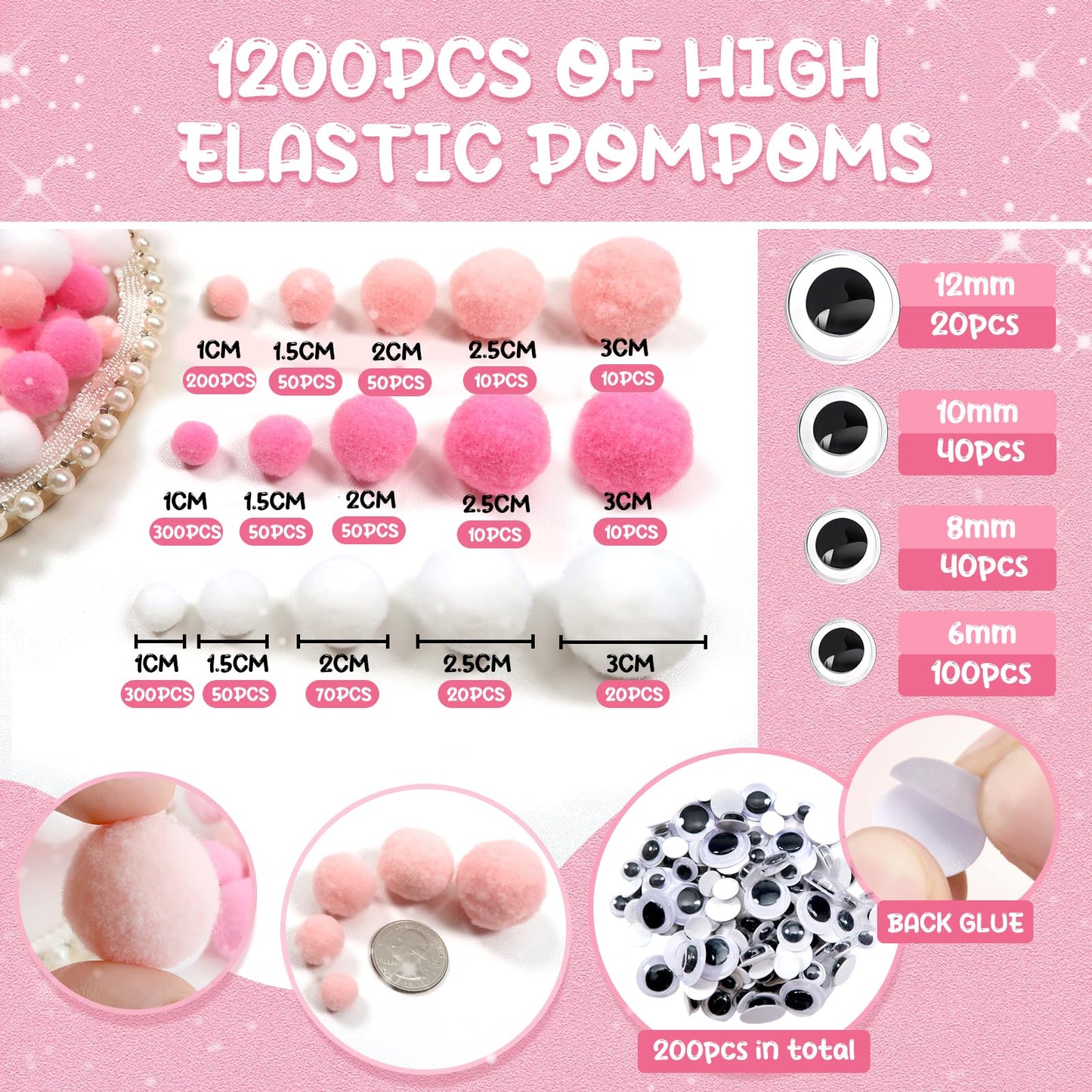 1300pcs White Pink Assorted Pompoms with Wiggle Eyes
