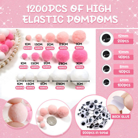 1300pcs White Pink Assorted Pompoms with Wiggle Eyes