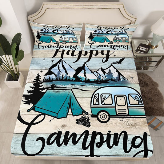 Happy Camping Fitted Sheet Camper Bed Sheets,Rustic Farmhouse Bedding Sets Full Camping Accessories Bed Cover,RV Car Theme Decor Bedding Sheets Colorful Vintage Wooden Bedding