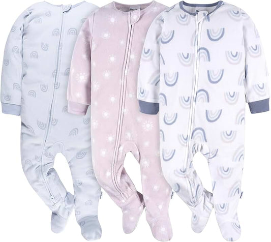 Baby Girls' Fleece Footed Pajamas 3-Pack, Purple Rainbows